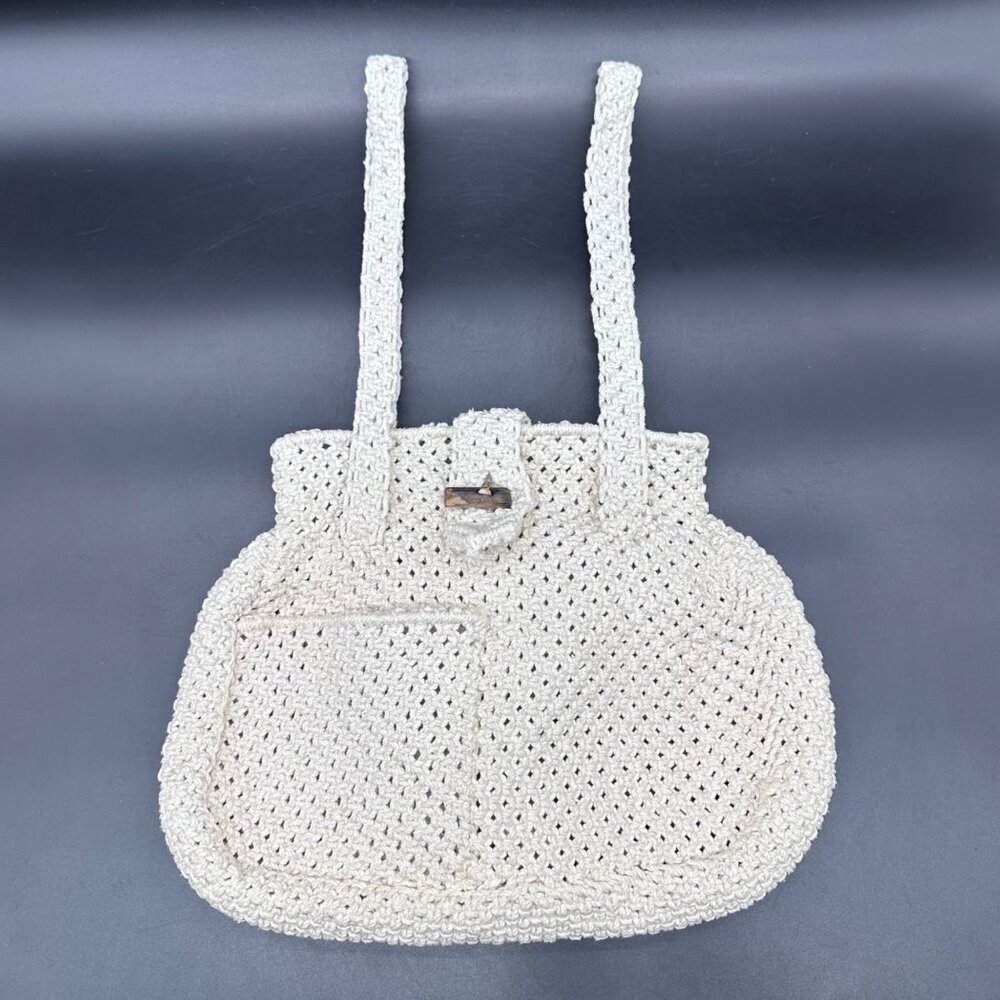Vintage Purse Shoulder Bag Cream Off White Handmade Crocheted Boho Nautical - Picture 2 of 12